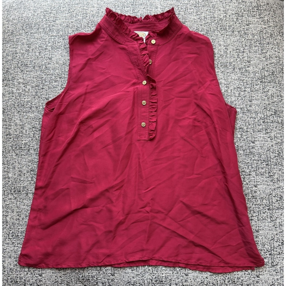 Red Silk Sleeveless Ruffle Neck Blouse Button Front Top Shirt Zip Sz 14‎ Talbots